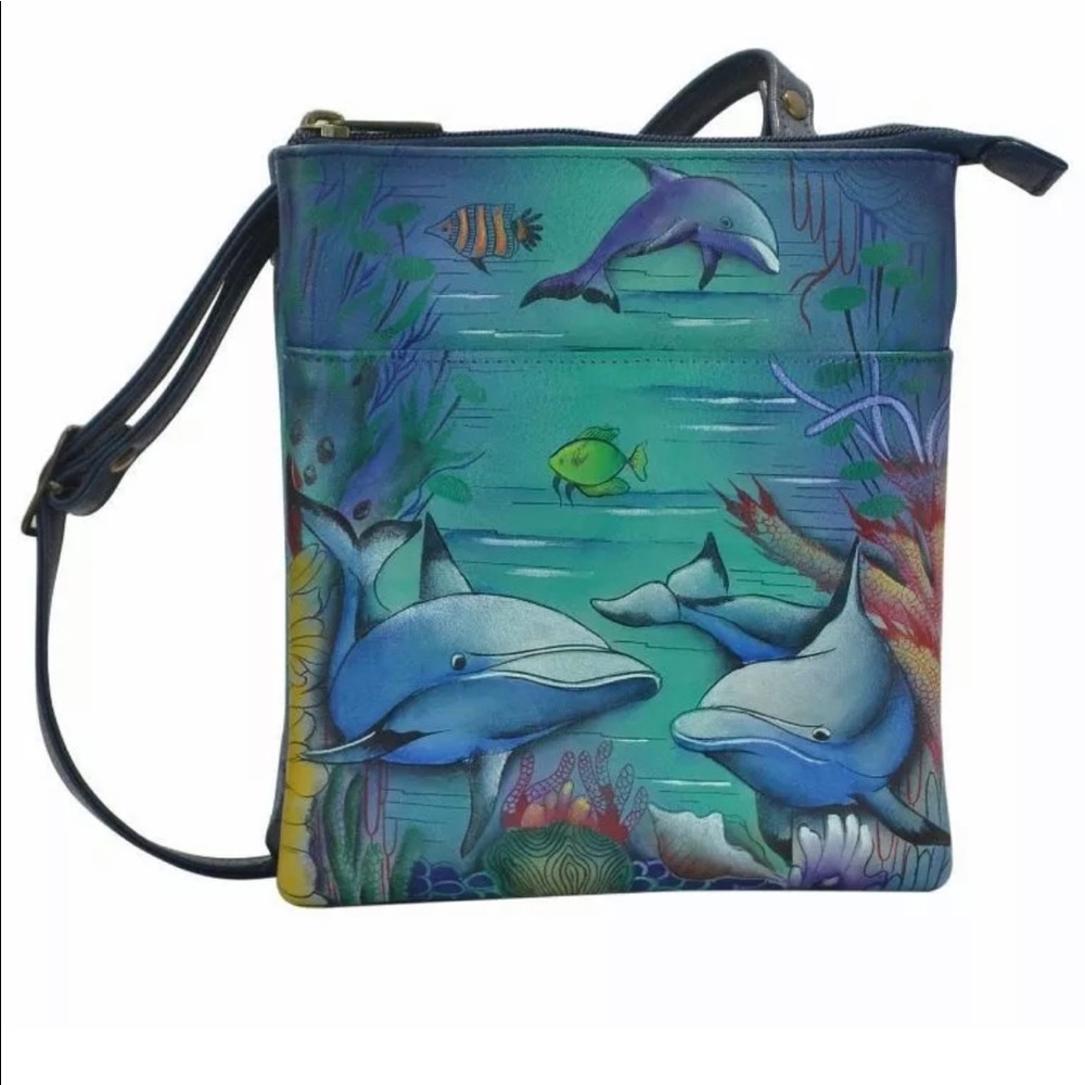 Anuschka RETIRED #596 DWD "DOLPHIN WORLD" RFID Blocking Triple Org 7"x8"x3.75"